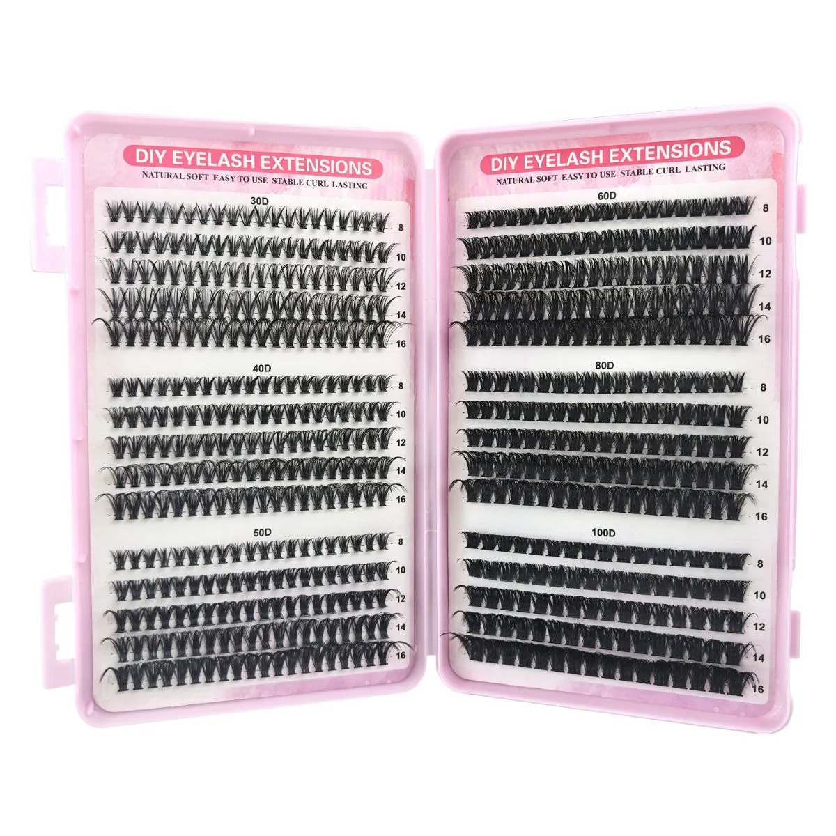 Pink Lash Book – 570 Clusters Mixed D Curl Individual Eyelashes, DIY Segmented Natural Look Fluffy Wispy Lashes Tray for Home Self-Application, Reusable